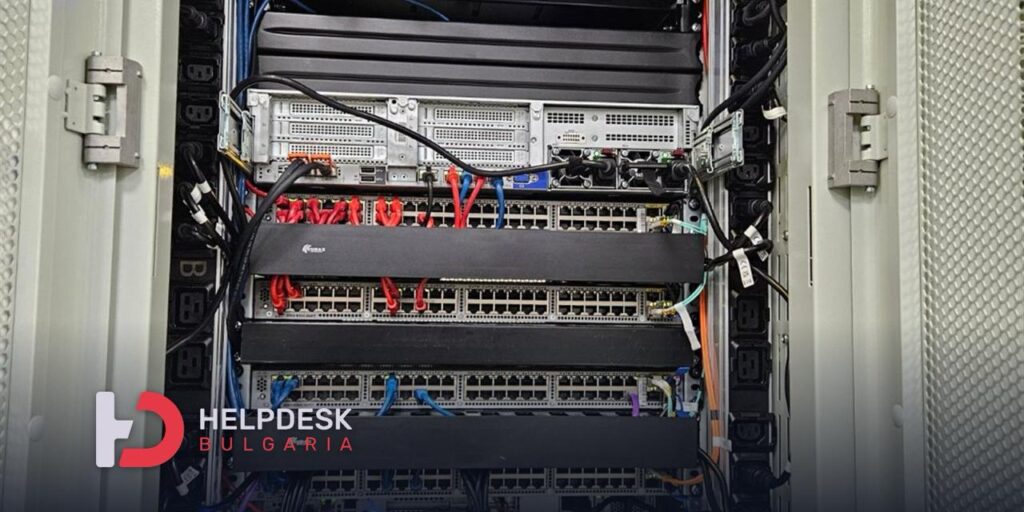 Сървърно и мрежово оборудване в IT шкаф с логото на Helpdesk Bulgaria