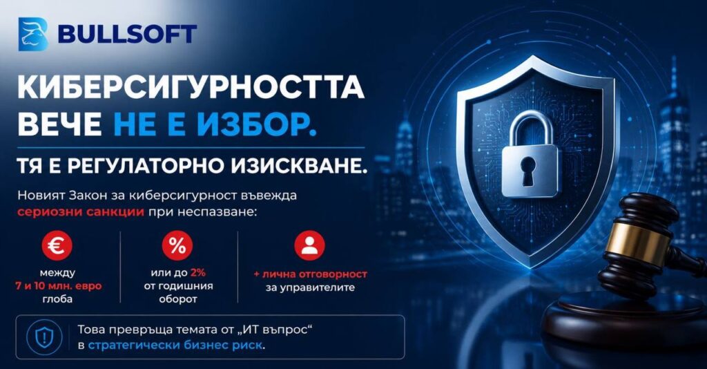 Инфографика на Bullsoft за Закона за киберсигурност и NIS 2, с щит и чук на съдия и акцент върху санкциите и отговорността на управителите
