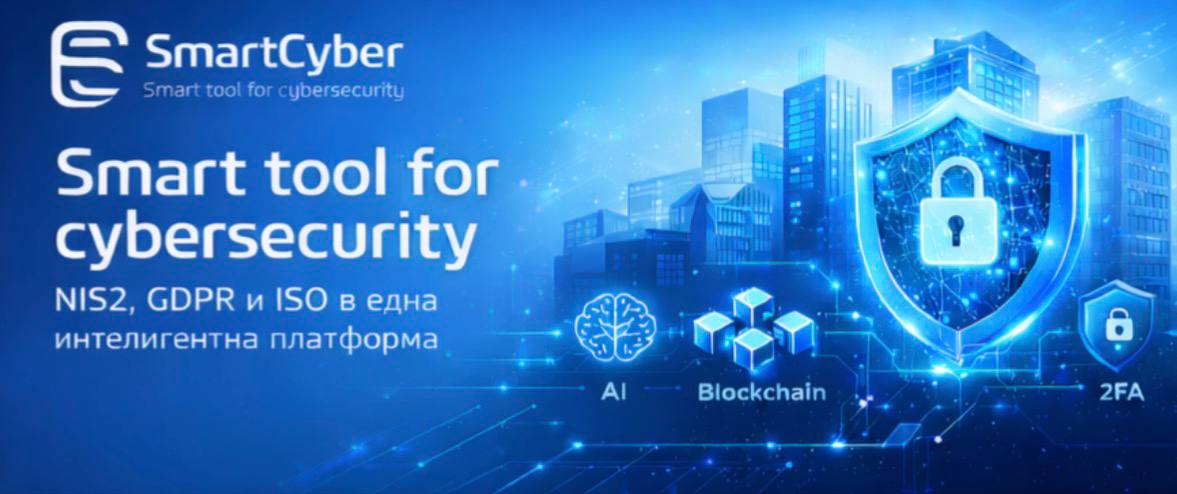 Илюстрация на SmartCyber — платформа за киберсигурност и съответствие с NIS 2, GDPR и ISO, с AI, блокчейн и двуфакторна автентикация