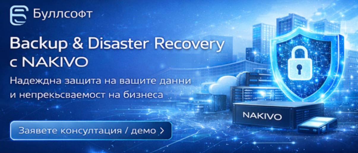 Банер на Bullsoft за NAKIVO Backup & Disaster Recovery с облачно архивиране и защита на данните
